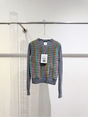 CHANEL Gray Sweater with Pastel Pink, Green, Yellow and Blue Stripes
